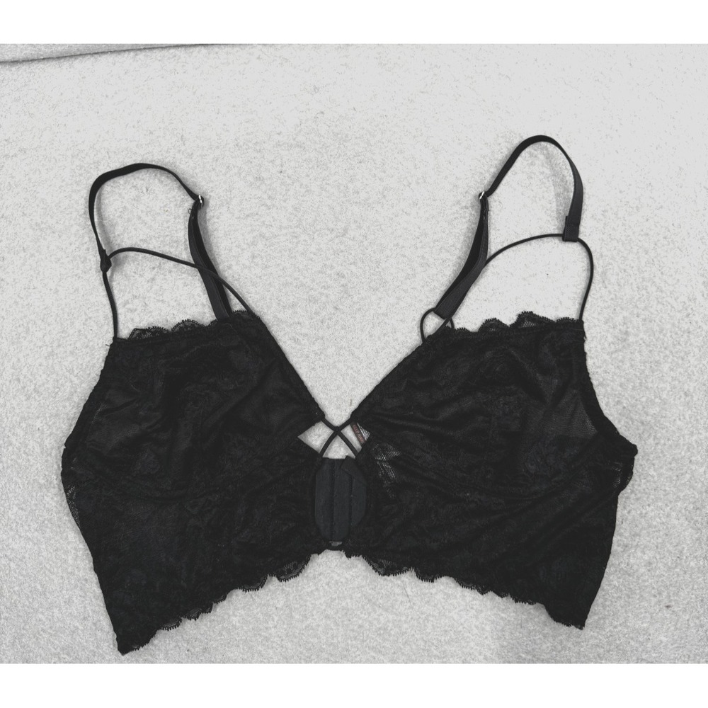 Out From Under Bralette‎ Size Large Black Lace Sheer Caged Front Strappy Cutout